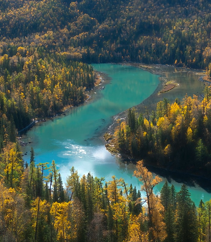 Fast-flowing сrystal-blue river surrounded by lush green scenery.