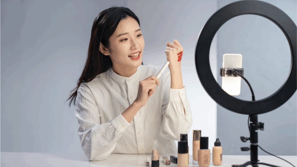 Chinese livestreamer selling beauty products, highlighting the booming trend of social commerce in China