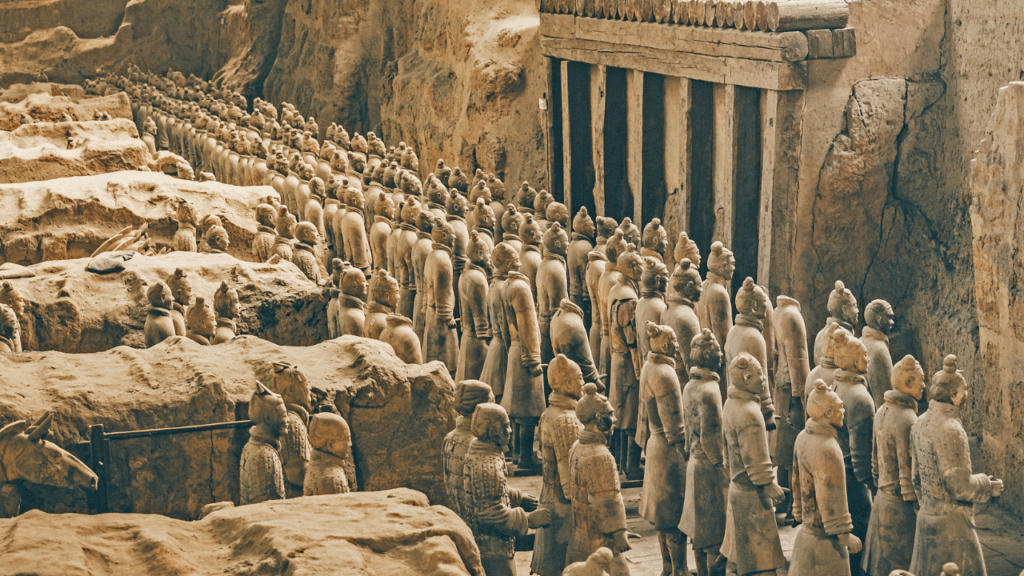 Thousands of life-sized Terracotta warriors standing in formation, guarding the tomb of China’s first emperor in Xi'an.