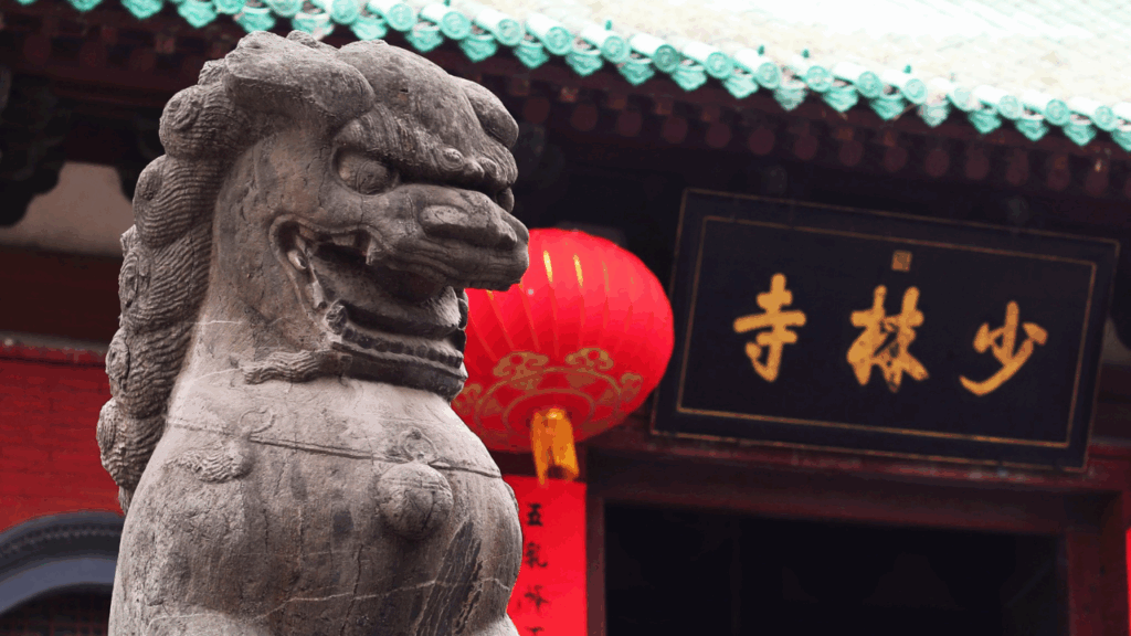 Shaolin Monastery set against the Songshan Mountains, home of Zen Buddhism and martial arts training.
