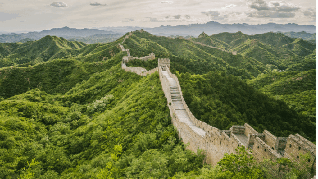 The Great Wall of China stretching across rugged mountains near Beijing, offering panoramic views.