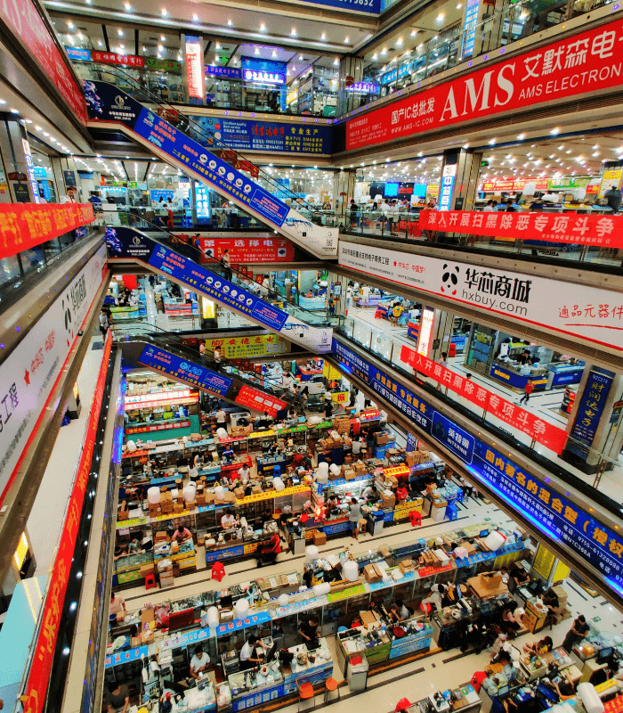 Aerial view of Huaqiangbei market with tech stalls and storefronts