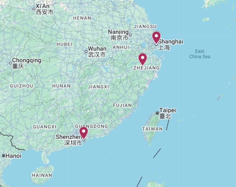 Map of the China Sourcing Tour route including Shanghai, Yiwu, and Shenzhen