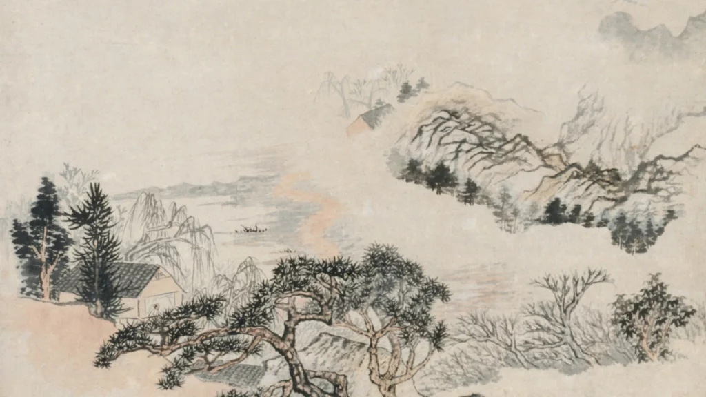 Classical Chinese painting of mountains and lake combining painting poetry and calligraphy the three perfections